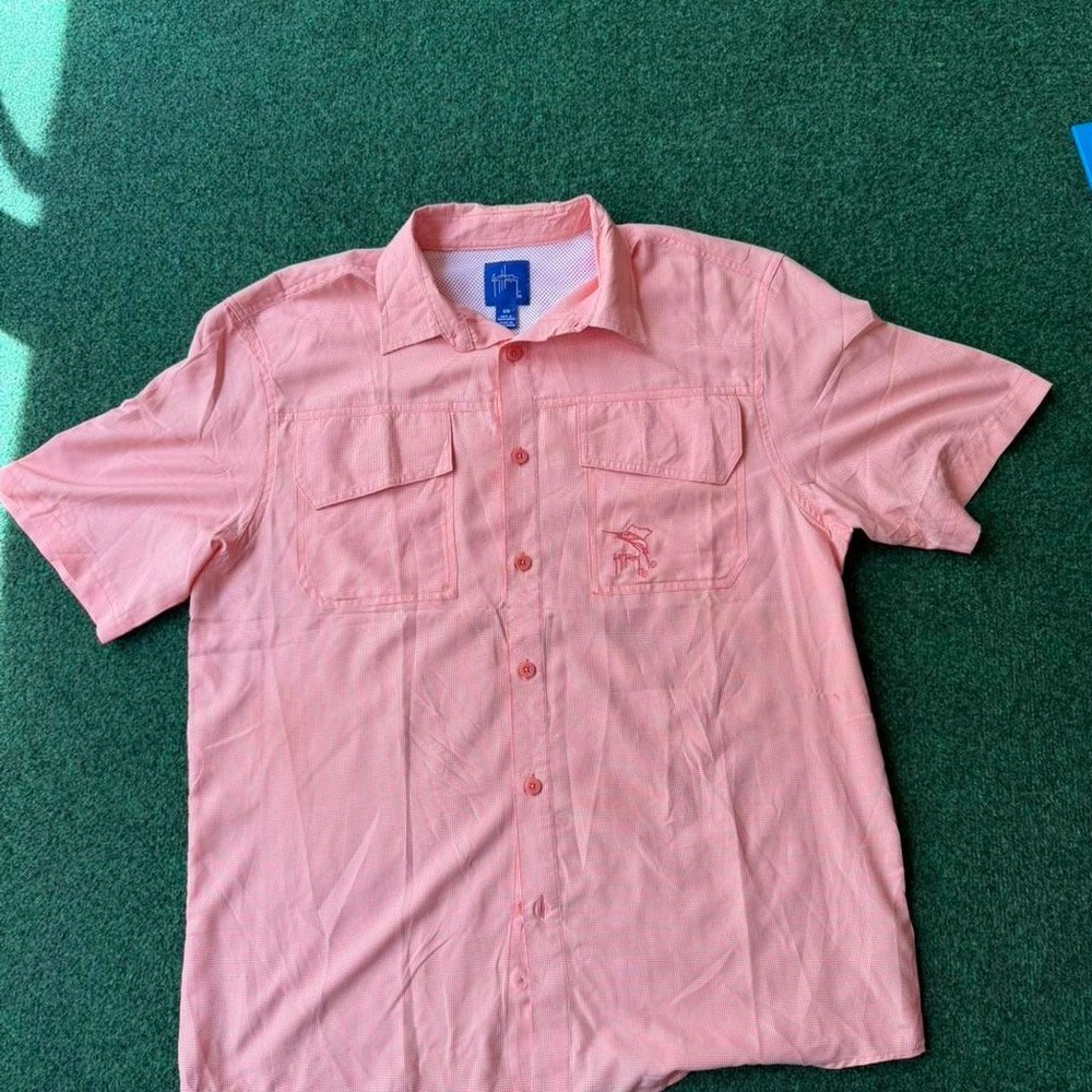 Guy Harvey Mens Short Sleeve Fishing Shirt Coral Orange Check Size Medium P13